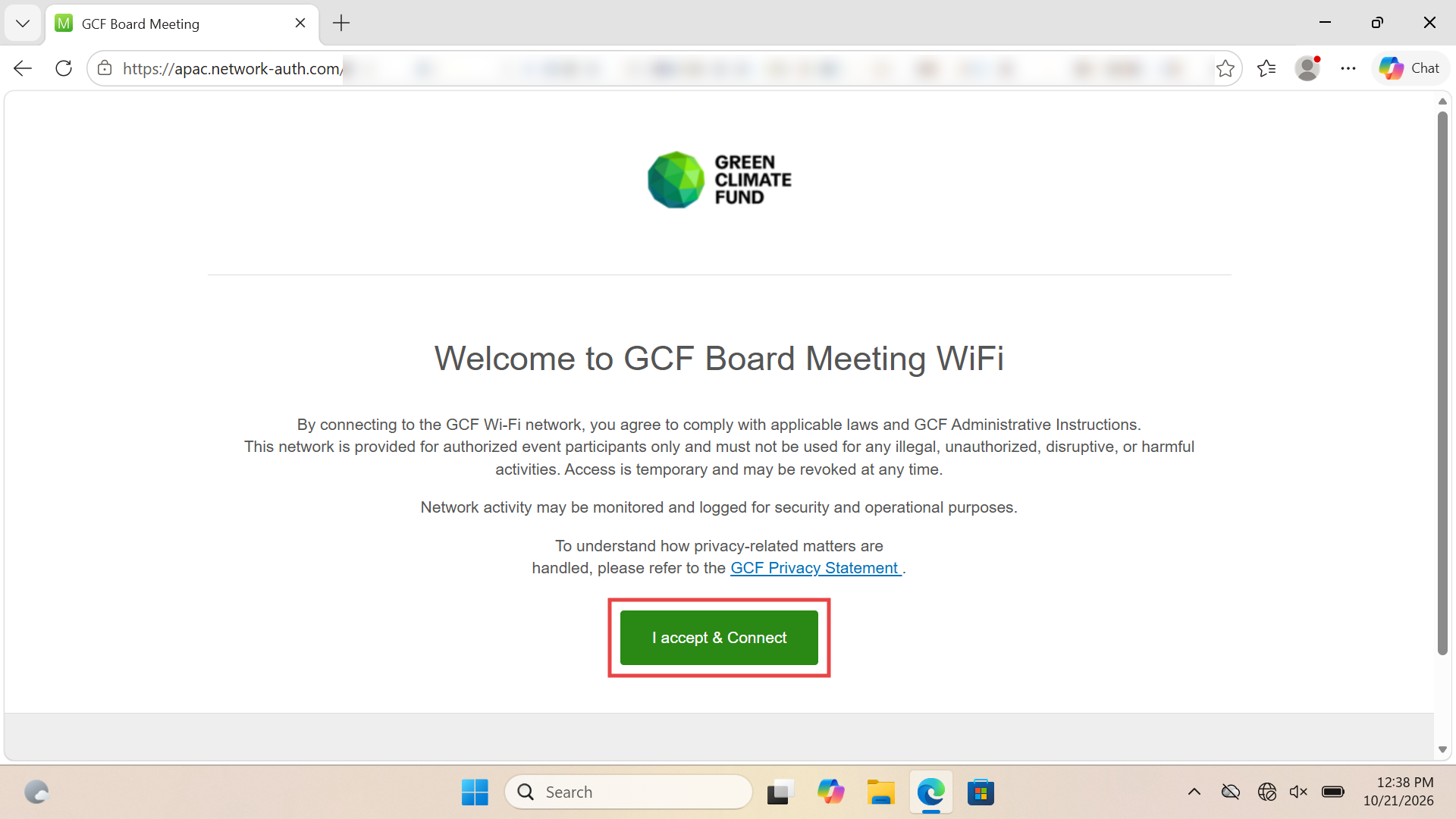 GCF Board Meeting welcome page showing the terms of use and the I accept & Connect button